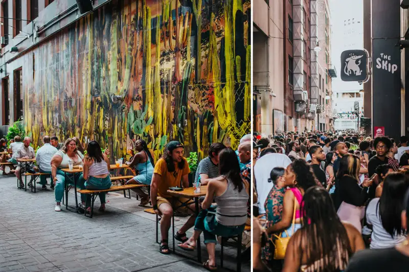 Left: Friends drinking outdoors; Right: Street party