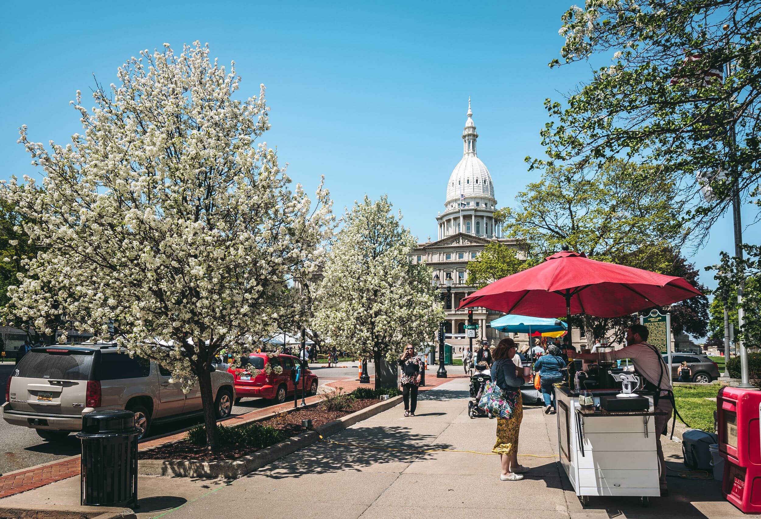 Michigan state house in downtown Lansing with cherry blossom trees in bloom.