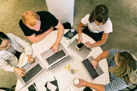 Aerial of people working at a coworking center.
