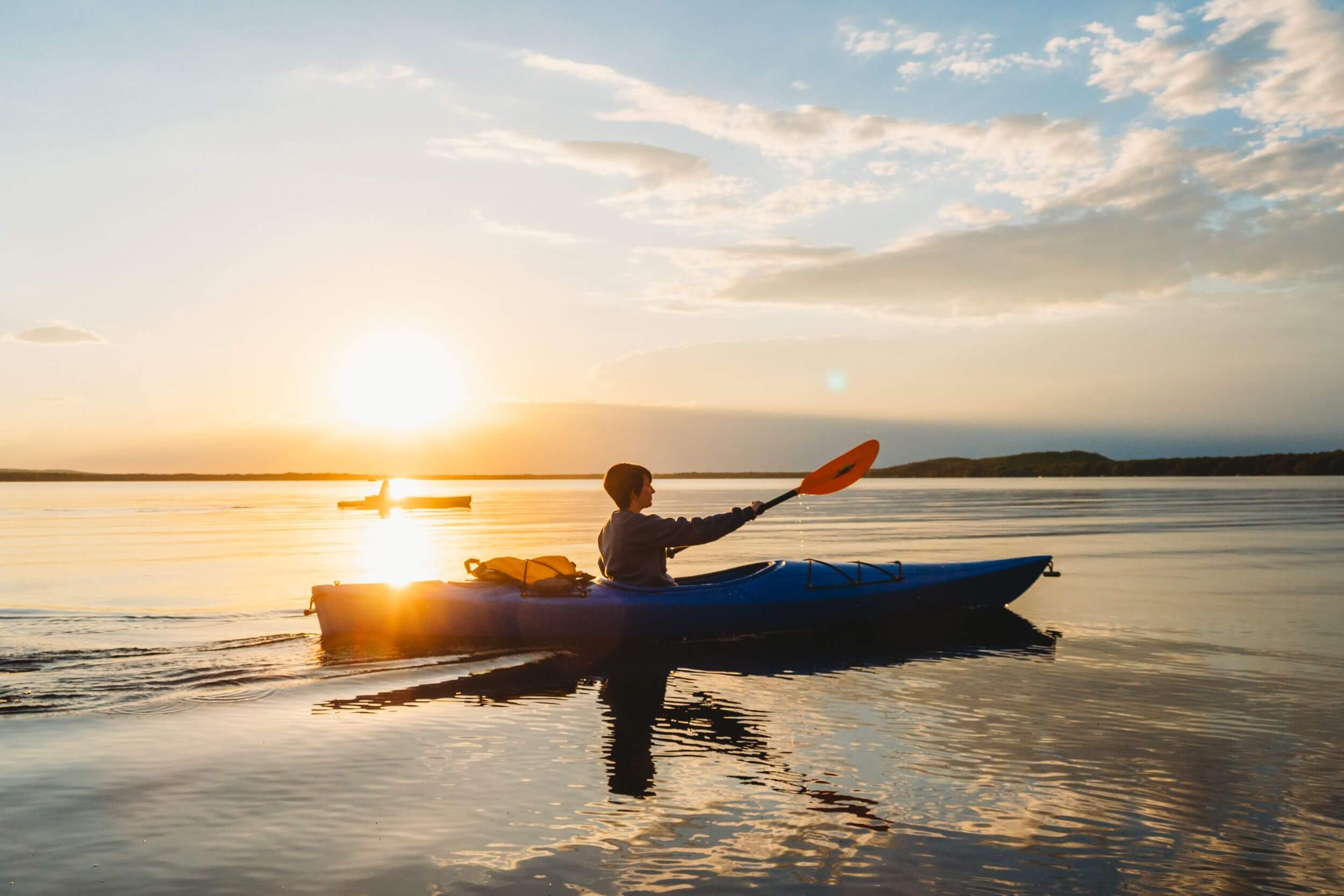 Kayak at sunset on Lake Michigan.